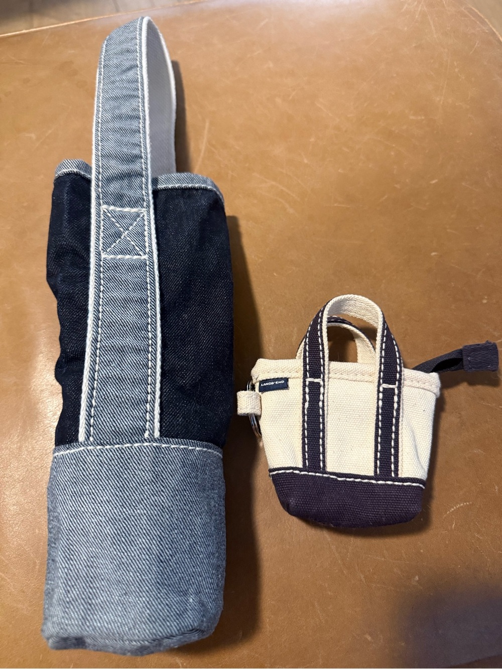 Lands' End denim Canvas Wine Tote With cute lens and  boat tote bag keychain